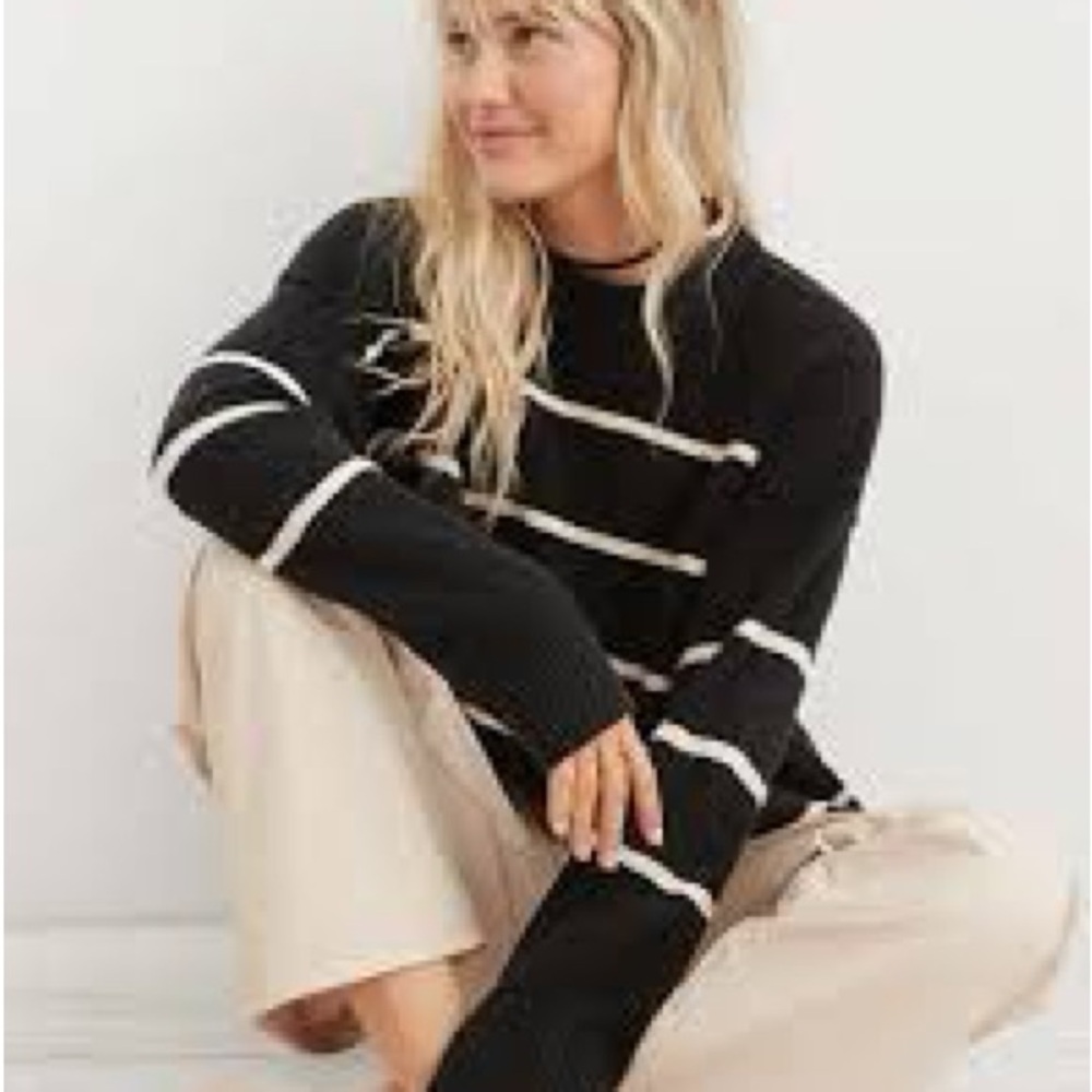 Aerie Black and White Striped Crewneck Sweater